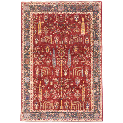 Hand-knotted wool pile Afghan Pictorial fine Aryana Carpet with pictorial design of trees on a red field with green border.