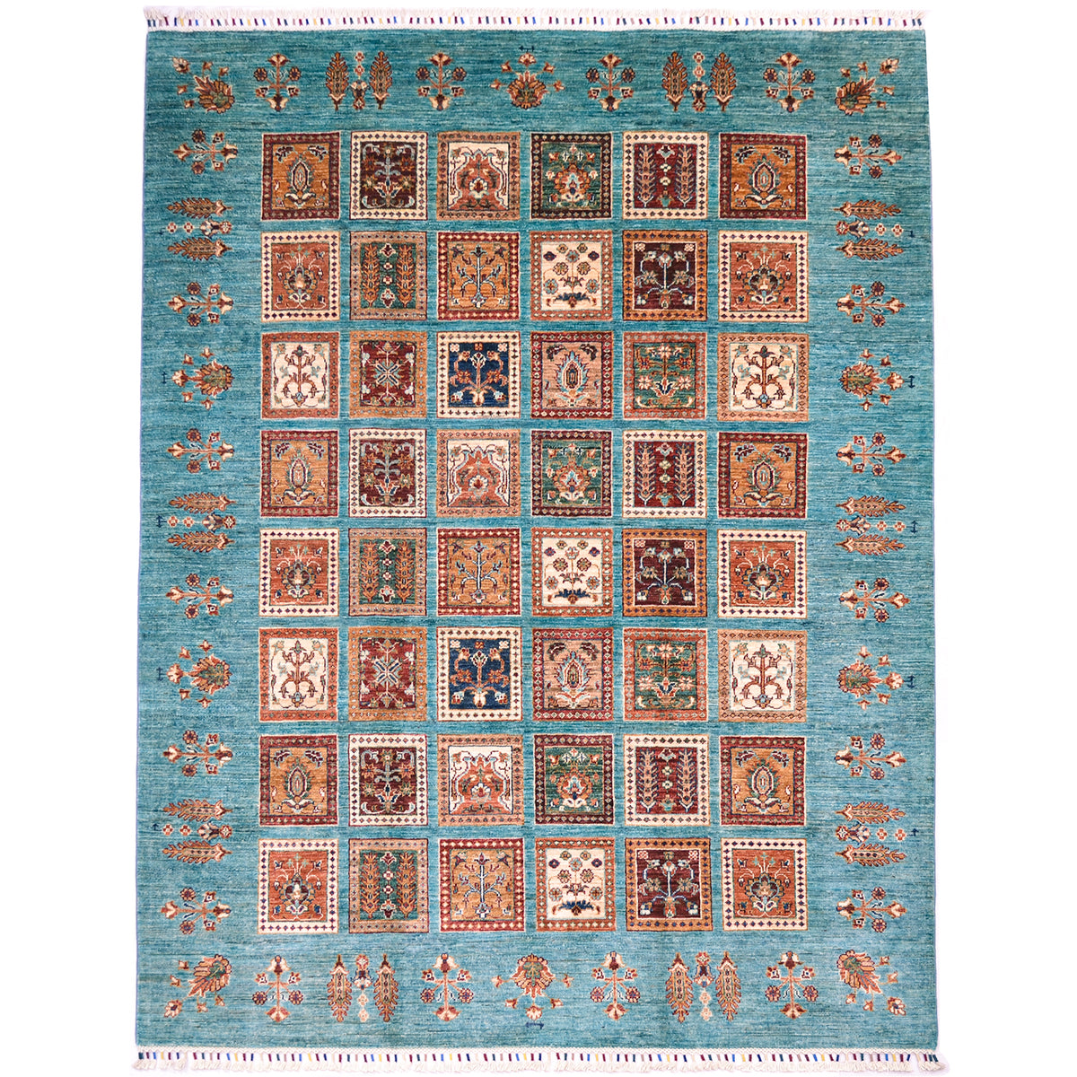 Handmade Afghan Bakhtiari design turquoise carpet with turquoise-blue background and all over design of 48 panels.