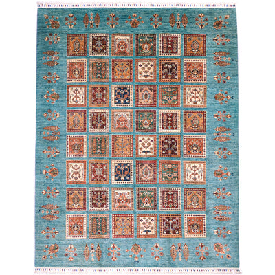 Handmade Afghan Bakhtiari design turquoise carpet with turquoise-blue background and all over design of 48 panels.