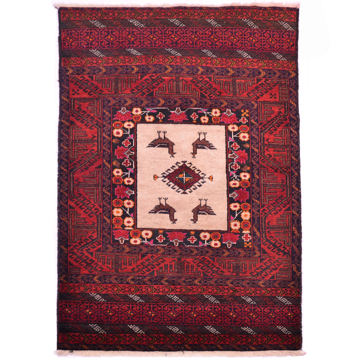 Fine Belouch rug with beige panel with 4 bird motifs and centre medallion all surrounded by an intricate red and blue-black border arrangement.