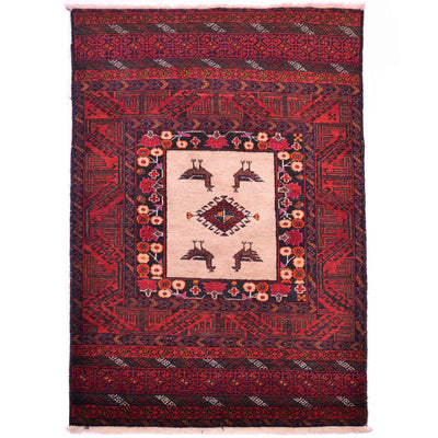 Fine Belouch rug with beige panel with 4 bird motifs and centre medallion all surrounded by an intricate red and blue-black border arrangement.
