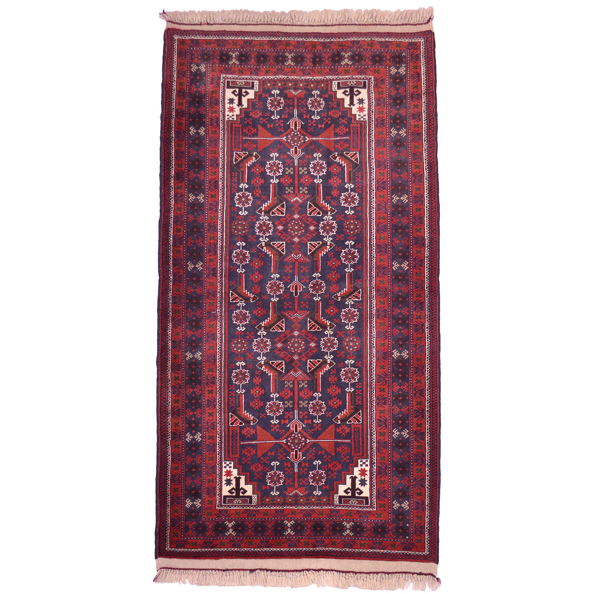Belouch rug/strip, dark blue with red, all over geometric design.