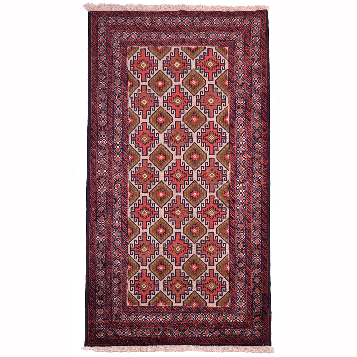 Balouch rug with geometric all over design contrasting with a neutral field with red border arrangement.