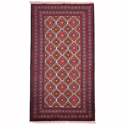 Balouch rug with geometric all over design contrasting with a neutral field with red border arrangement.
