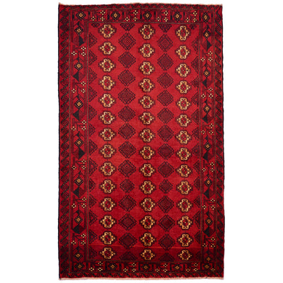 Red Balouch rug with all over design.
