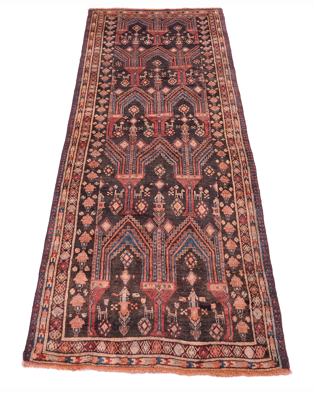 A traditional tribal-style Afghan Belouch runner rug with a dark charcoal field, featuring intricate geometric and floral motifs in red, beige, and teal, finished with a patterned border.