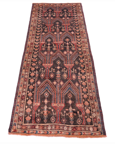 A traditional tribal-style Afghan Belouch runner rug with a dark charcoal field, featuring intricate geometric and floral motifs in red, beige, and teal, finished with a patterned border.