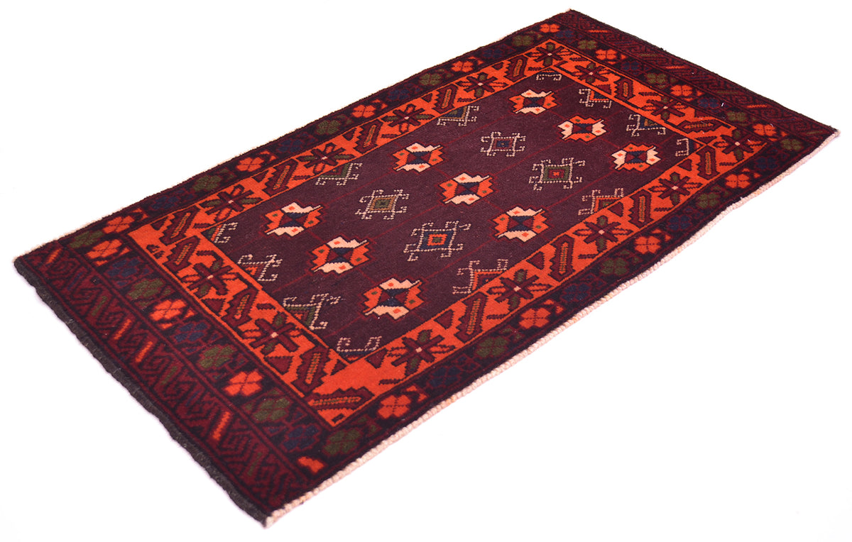 A rectangular afghan wool rug with a dark red/brown and orange geometric pattern, shown on a plain white background.