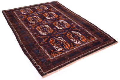 A rectangular traditional Old Afghan Baluchi rug with a dark navy and brown field, featuring large central gul motifs in orange, beige, and brown, finished with a fringed edge.