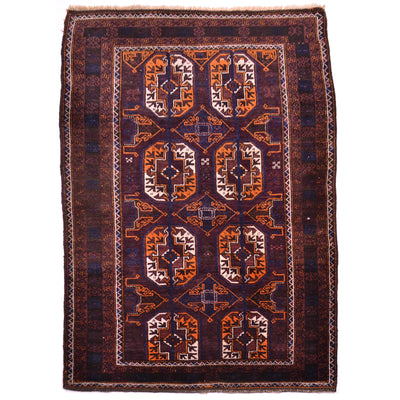 Finely hand-knotted old Baluchi rug with aubergine-brown main colour plus detail colours of orange, cream and blue. Large scale Bokhara design.