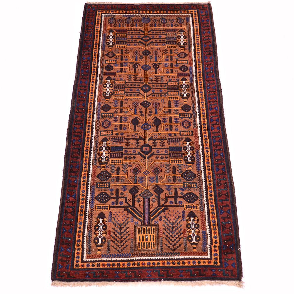 A traditional narrow old Afghan Belouch rug with a complex geometric and tribal tree of life pattern, featuring a warm brown-orange centre field, dark navy blue borders, and accents of red, black, and cream.