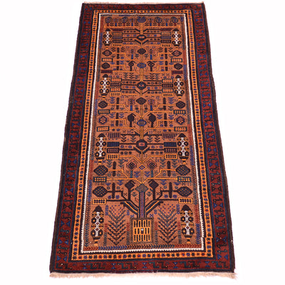 A traditional narrow old Afghan Belouch rug with a complex geometric and tribal tree of life pattern, featuring a warm brown-orange centre field, dark navy blue borders, and accents of red, black, and cream.
