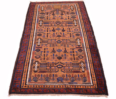 A traditional hand-woven geometric old Afghan Belouch rug with a warm orange-brown field, dark red borders, and blue, black, and cream patterns, shown flat against a white background.