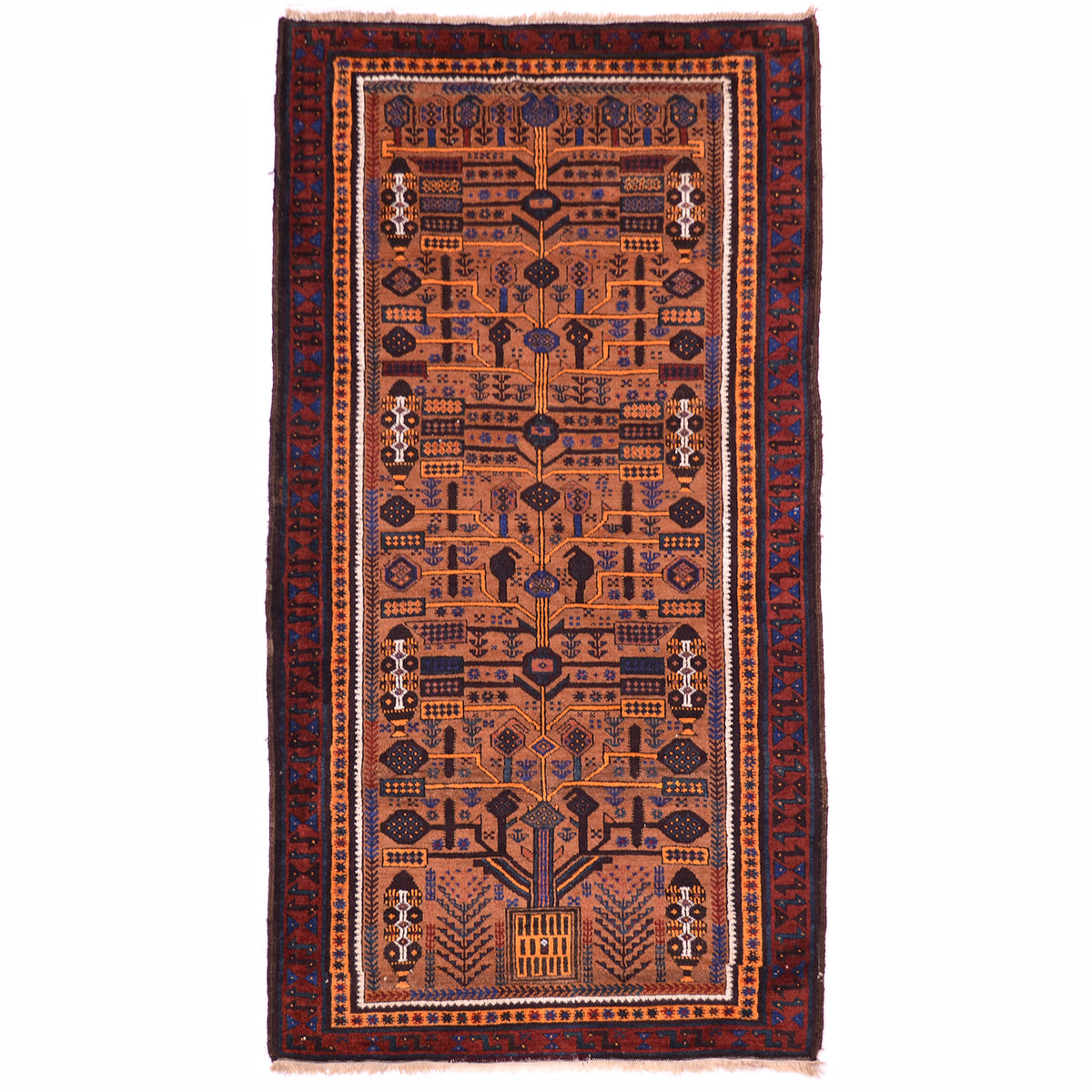 Old Belouch rug with stylised tree of life design on a cinnamon brown field.