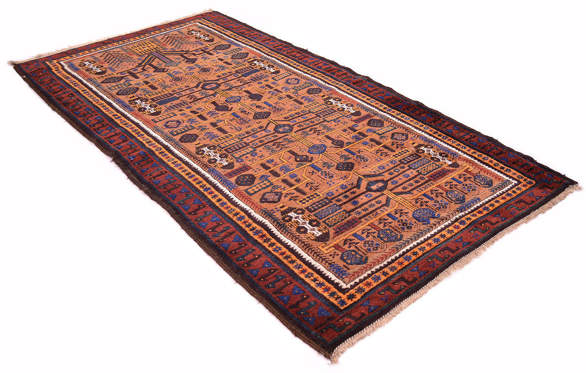 A rectangular vintage wool Afghan Belouch rug with a traditional geometric pattern in orange/brown, blue, and dark red, shown on a plain white background.