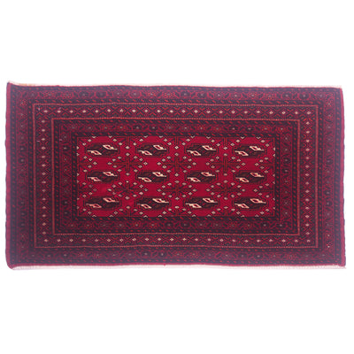 Afghan handmade red Belouch mat, hand-knotted, rich red field with geometric Bokhara/ Yamoud design of 12 guls.