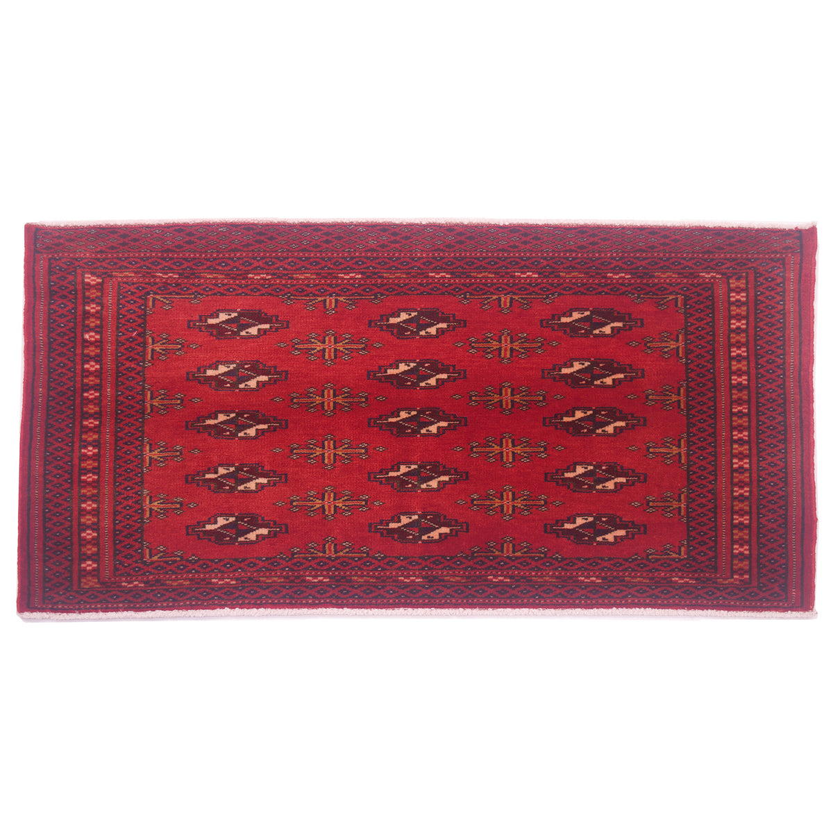Handmade red Afghan Belouch mat hand-knotted wool, red with 15 gul yamoud design.