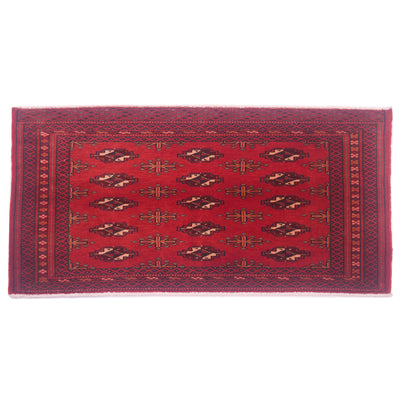 Handmade red Afghan Belouch mat hand-knotted wool, red with 15 gul yamoud design.