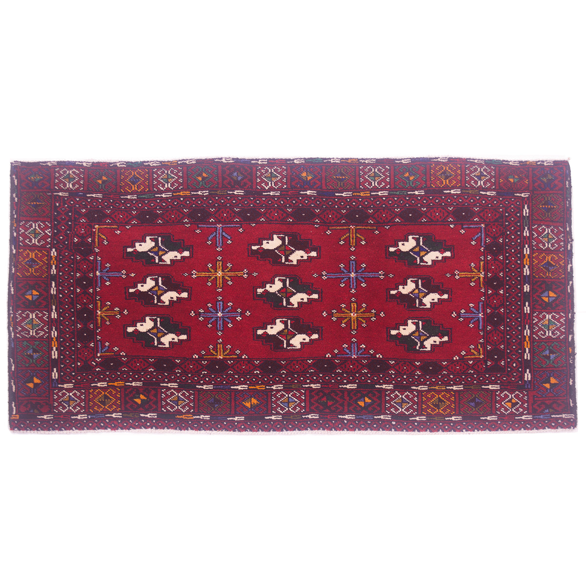 Hand-knotted wool pile Colourful red Afghan Belouch Mat with all over geometric design of Bokhara-like guls.