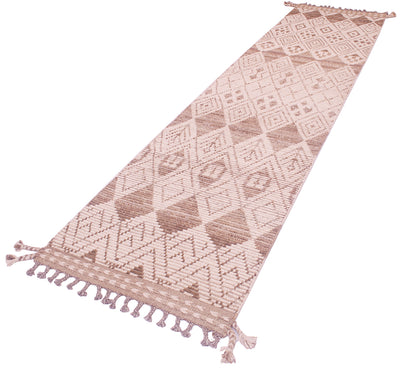 A long rectangular woven runner rug with a geometric diamond pattern in brown and beige, finished with tassels on both ends, shown on a plain white background.
