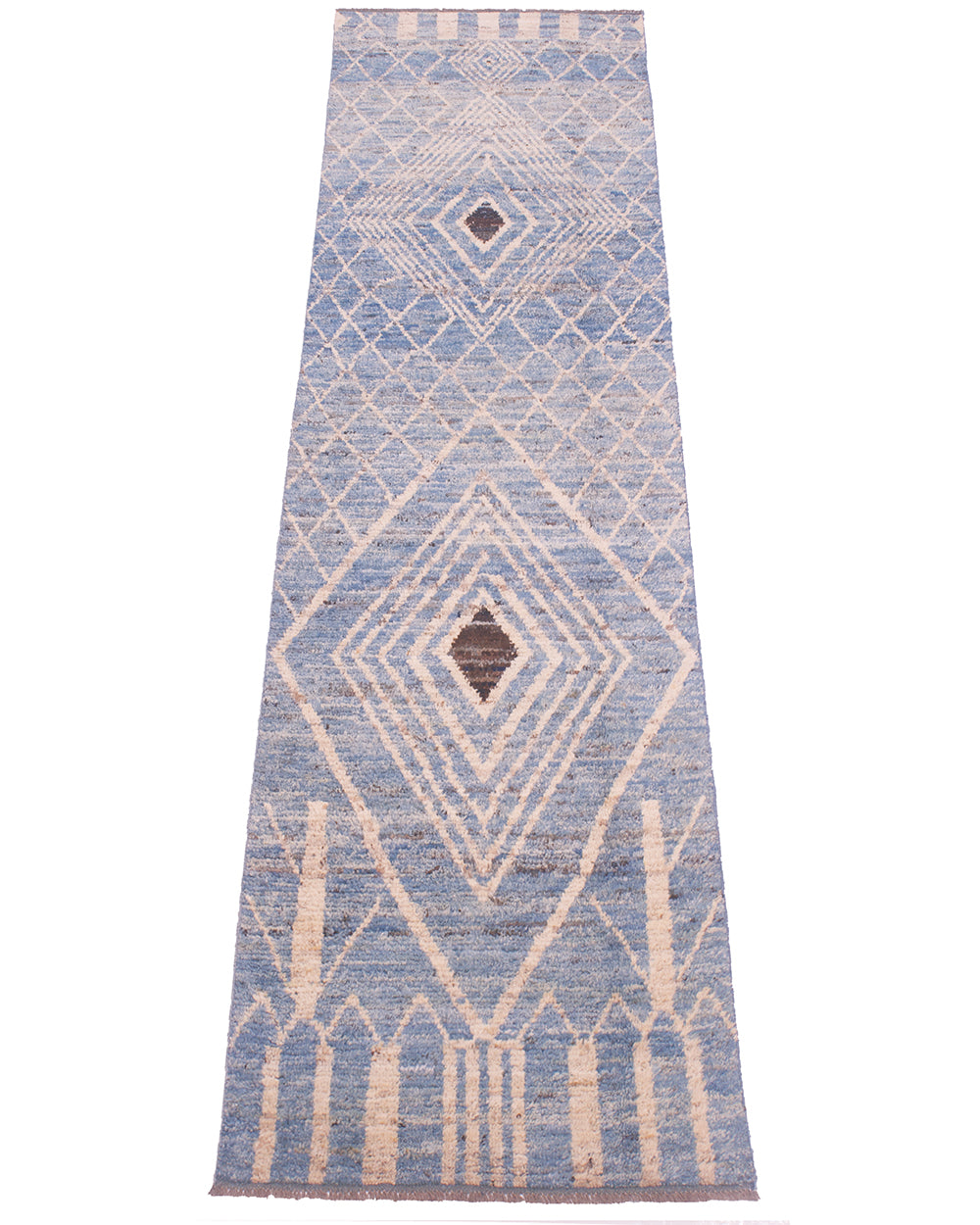 A long rectangular area runner with a blue and beige geometric diamond pattern and small brown accents, shown flat against a white background.