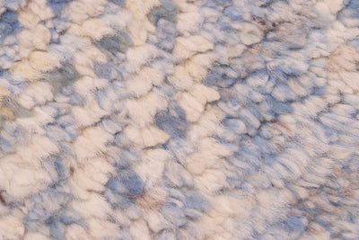 A close-up texture shot of a fluffy, shaggy rug/runner,  pattern in shades of cream, beige, and light blue