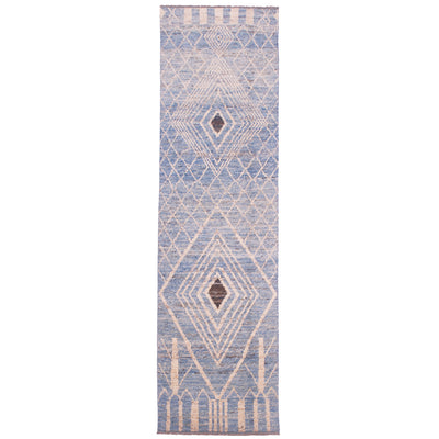 Shaggy wool pile Moroccan design Afghan runner, blue with cream diamond design.