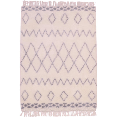 Beni Ourain design hand-knotted Indian Shaggy pile Berber rug - cream with grey-blue pattern.