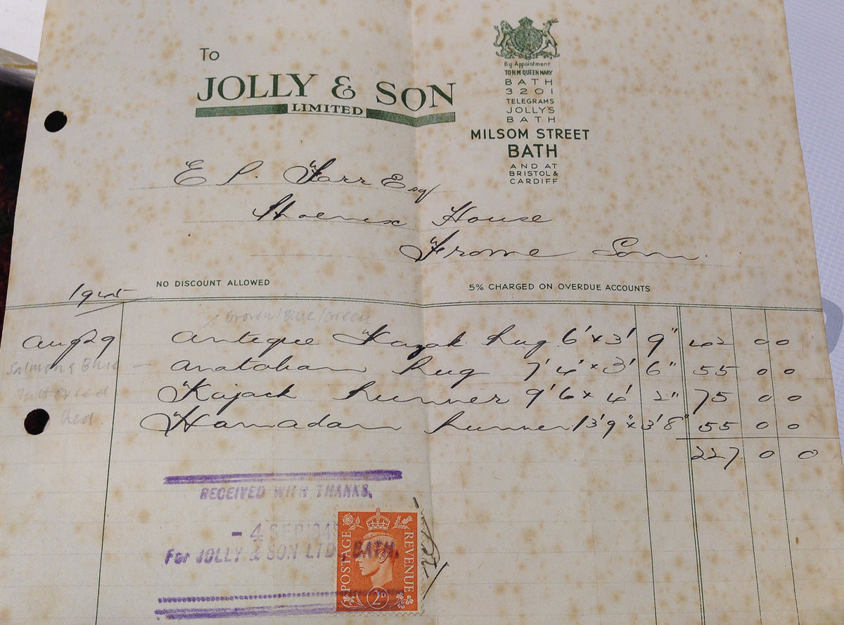Vintage receipt paper marked “Jolly & Son Limited” with handwritten notes