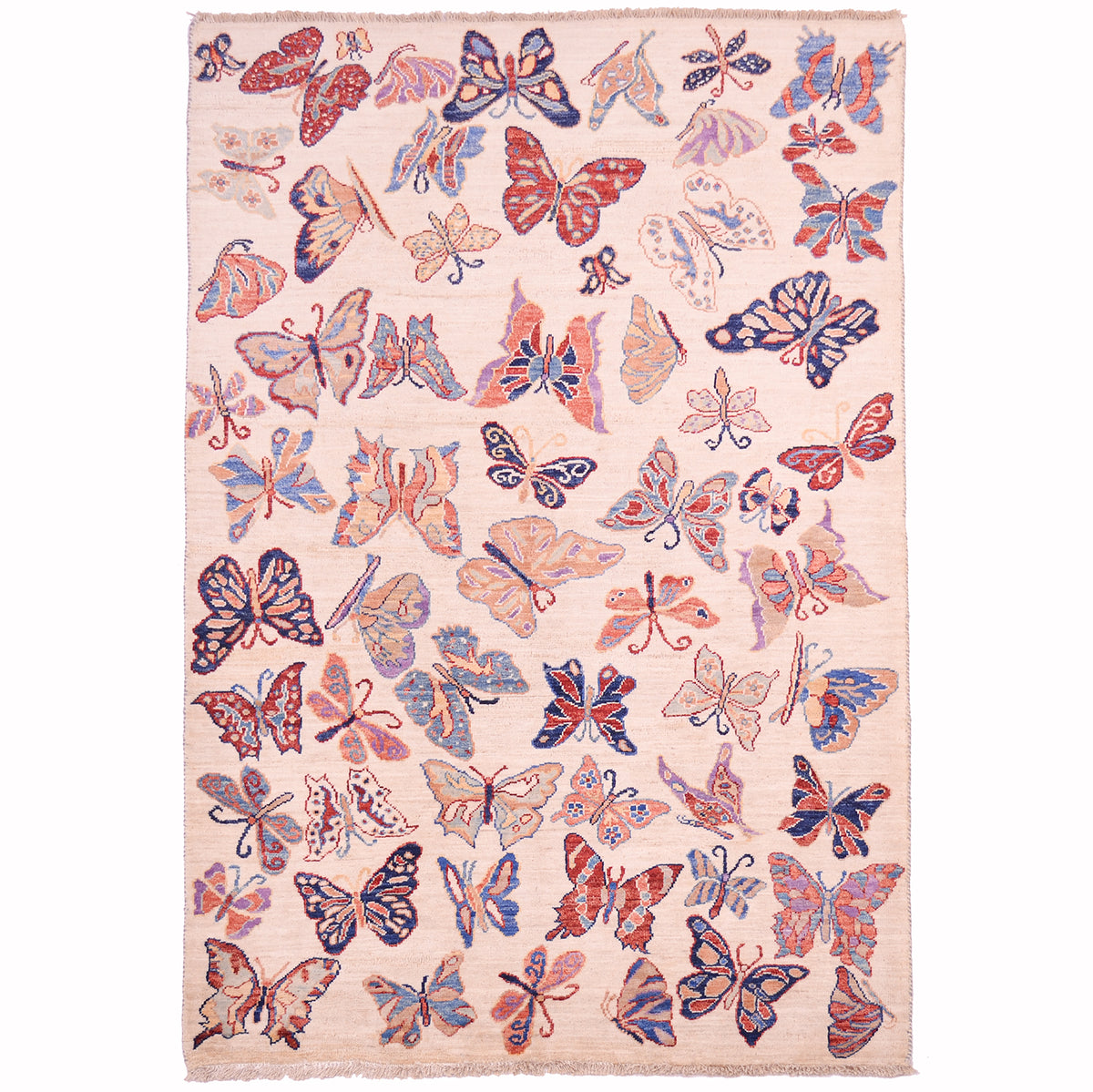 Afghan Butterflies Rug showing a kaleidoscope of fluttering butterflies on a beige ground.