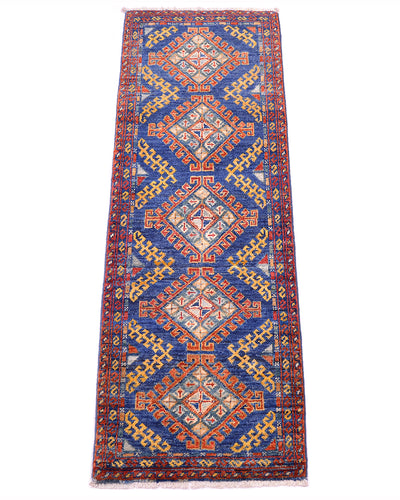 An Afghan Chobi short runner with a traditional geometric pattern in blue, red, orange, and beige, shown flat against a white background.