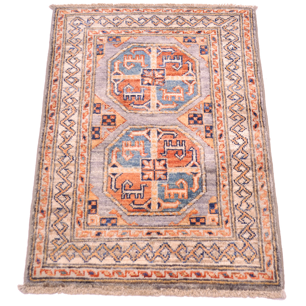 A rectangular small Afghan Fil Pai rug with a traditional geometric pattern, featuring two central octagonal medallions in blue and orange on a grey background with a beige border.