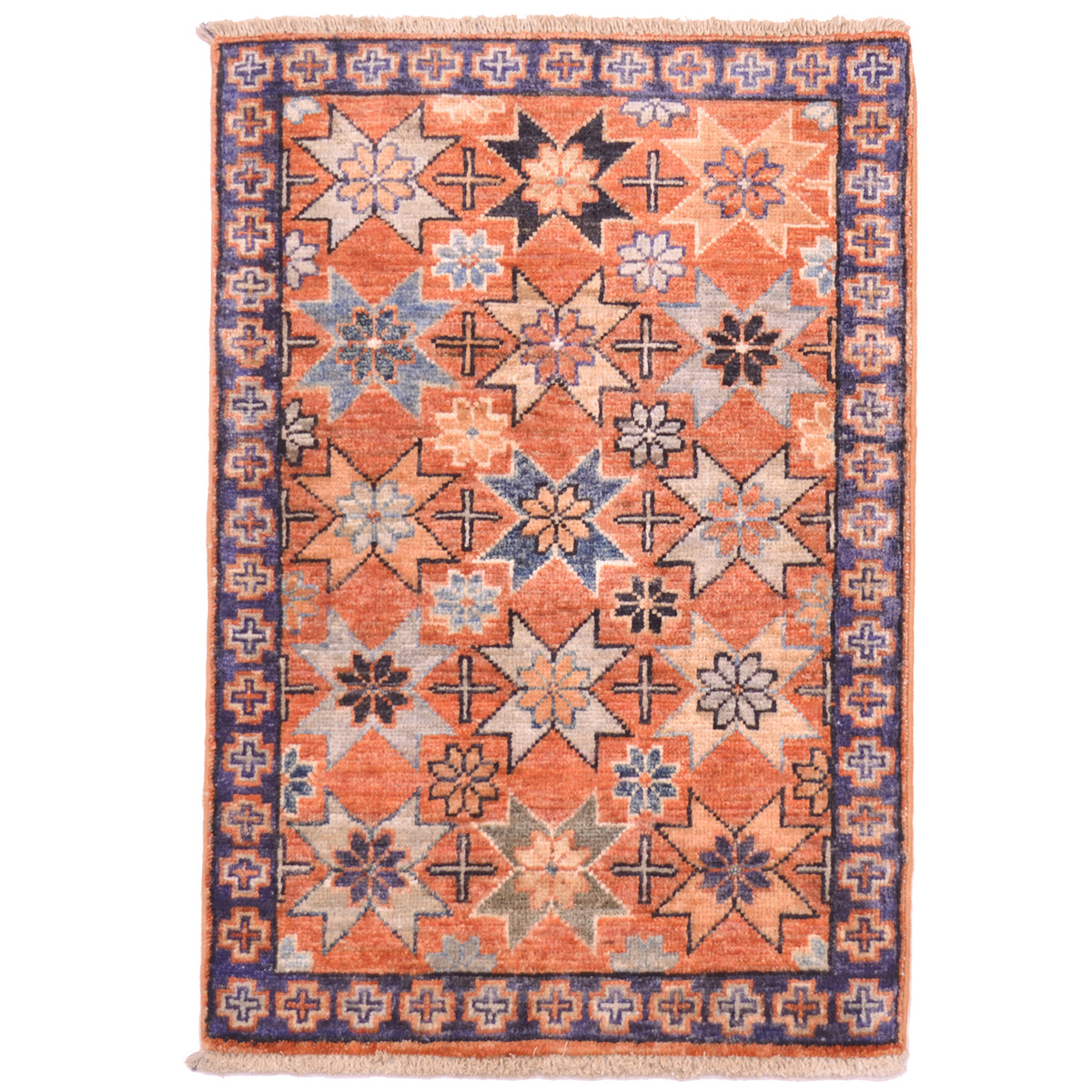 Soft orange colour Afghan Chubi mat with geometric all over star design.