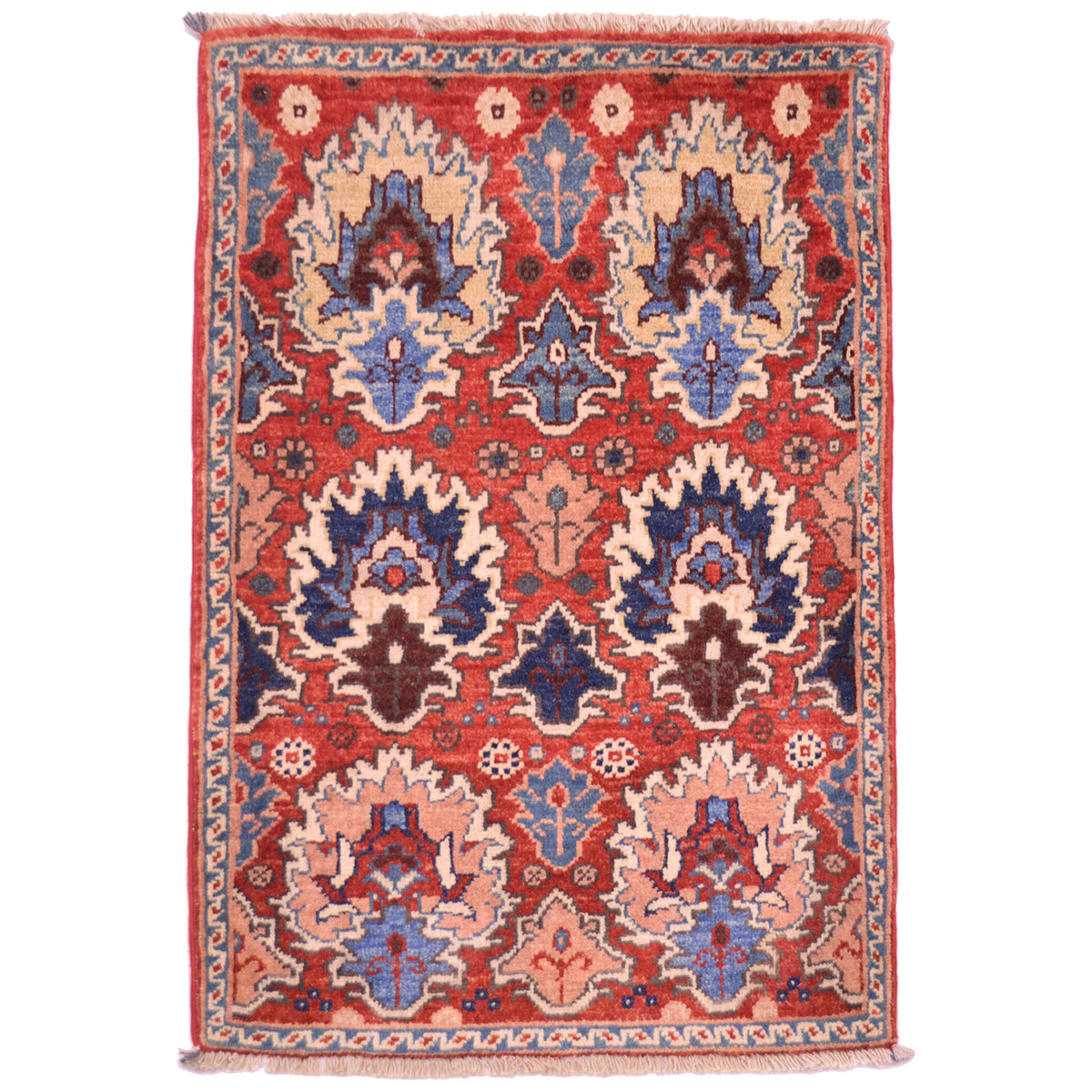 Rust-red Afghan Chobi Mat with rust-red main colour with all over design of 6 palmettes.