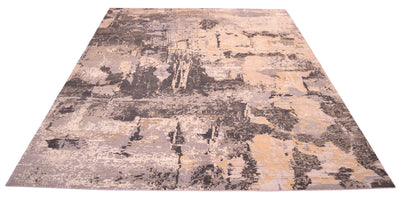 Overall view of neutral toned handknotted Indian carpet with modern abstract design with wool and silk finely knotted pile and raised ivory white/ beige silk highlights.