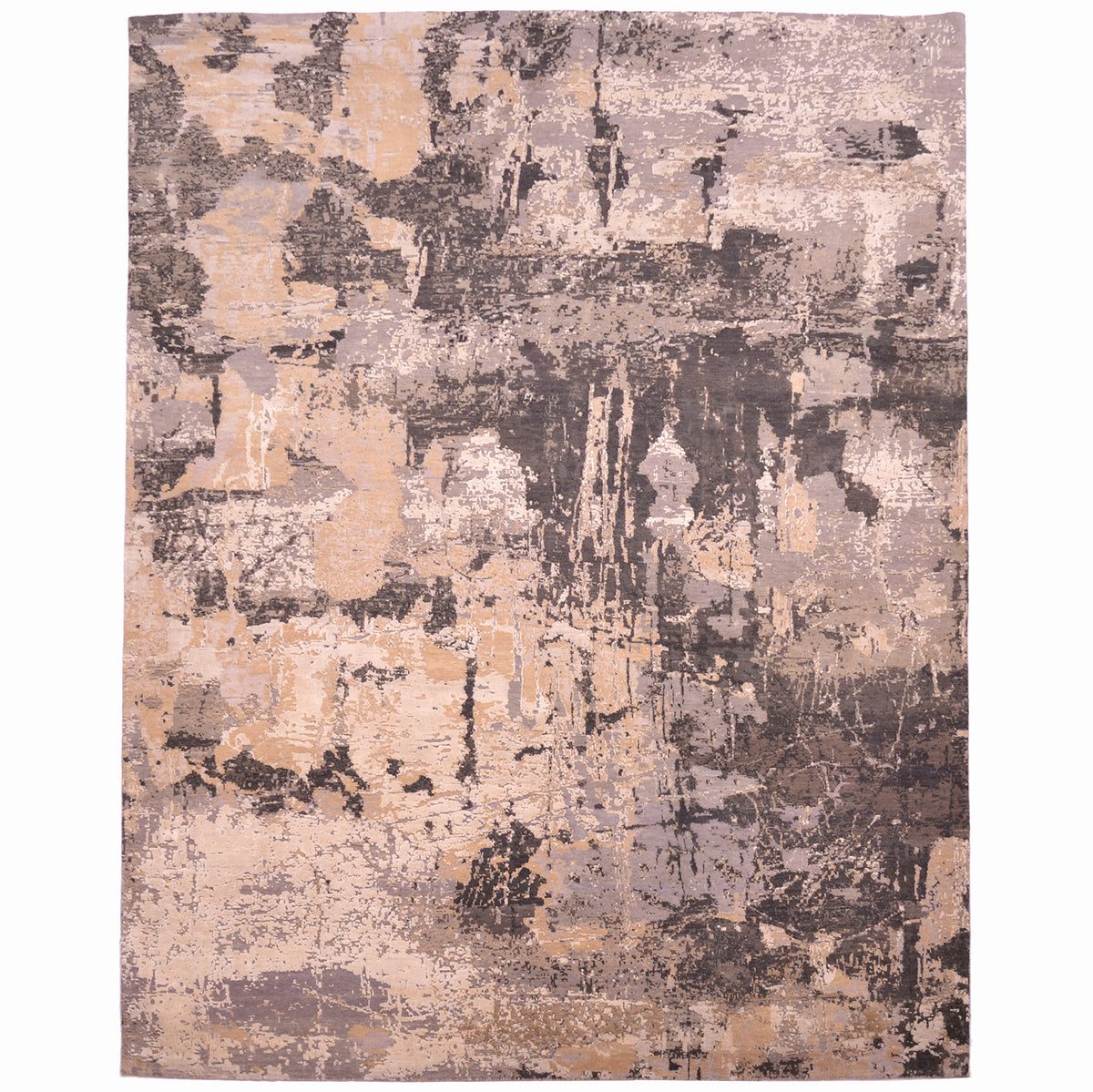 Twilight Dusk carpet: a masterpiece abstract rug with colours of charcoal, grey, gold and ivory. Wool and silk high-low pile. Absract modern deign with earthry grey-clay neutral tones.