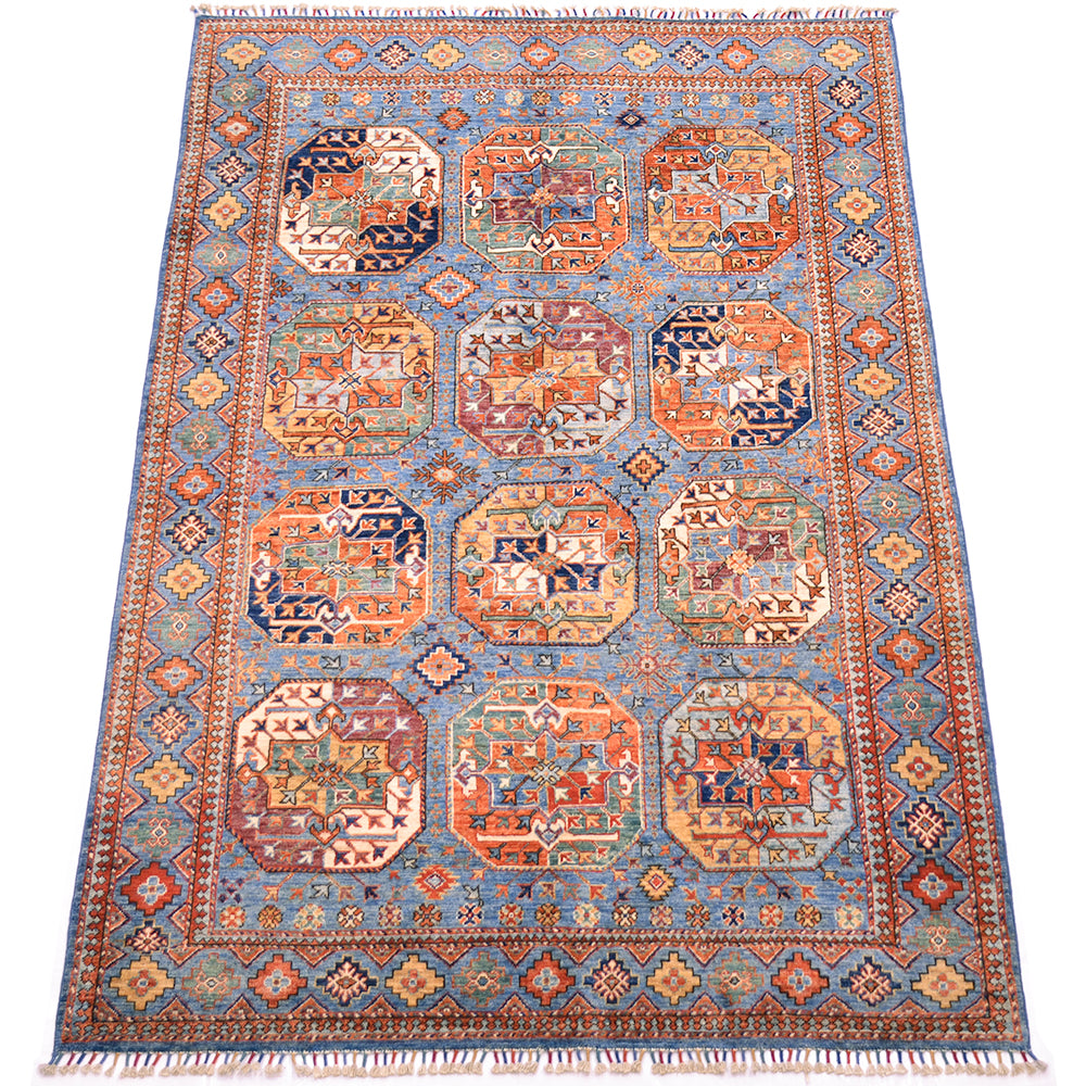 A 8x5 traditional Handmade blue Ersari area rug with a blue field, featuring a border and twelve central octagonal medallions in orange, beige, and red tones.