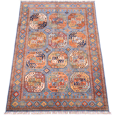 A 8x5 traditional Handmade blue Ersari area rug with a blue field, featuring a border and twelve central octagonal medallions in orange, beige, and red tones.