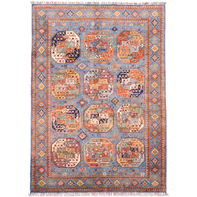 Hand-knotted wool pile Afghan Handmade Blue Ersari carpet with 12 gul multicolour design.