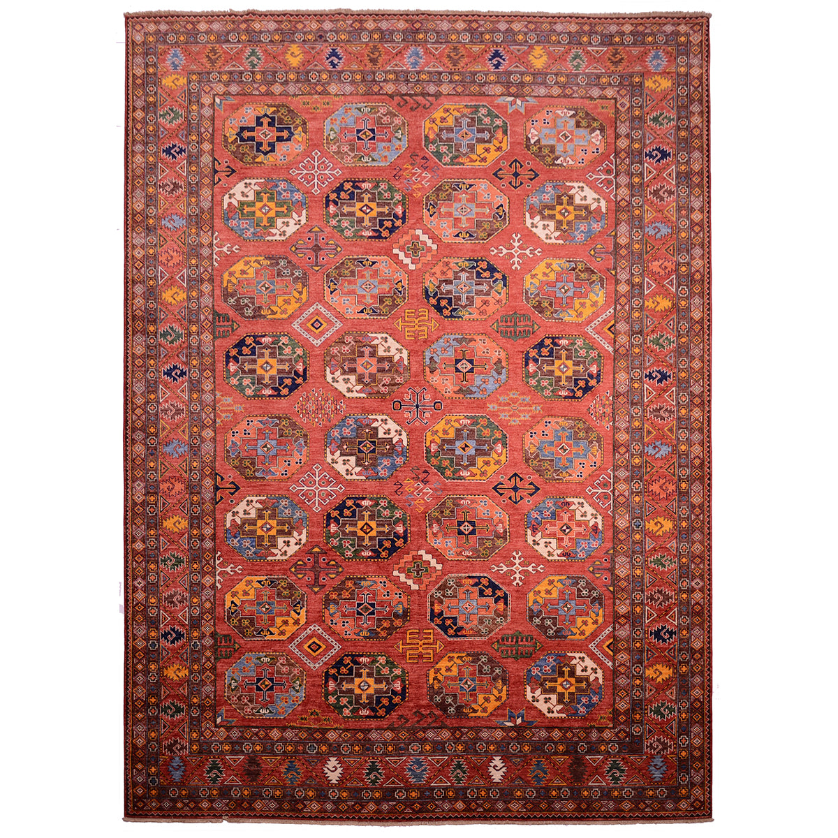 Large hand-knotted Ersari carpet with colourful design of guls on a rust field.