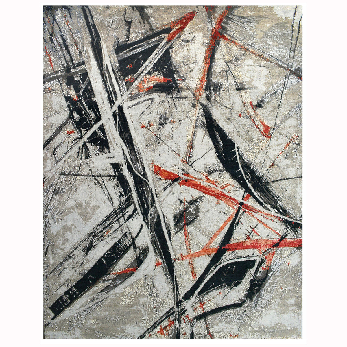 Expression Abstract handmade wool and silk rug, light grey with black and red brushstrokes