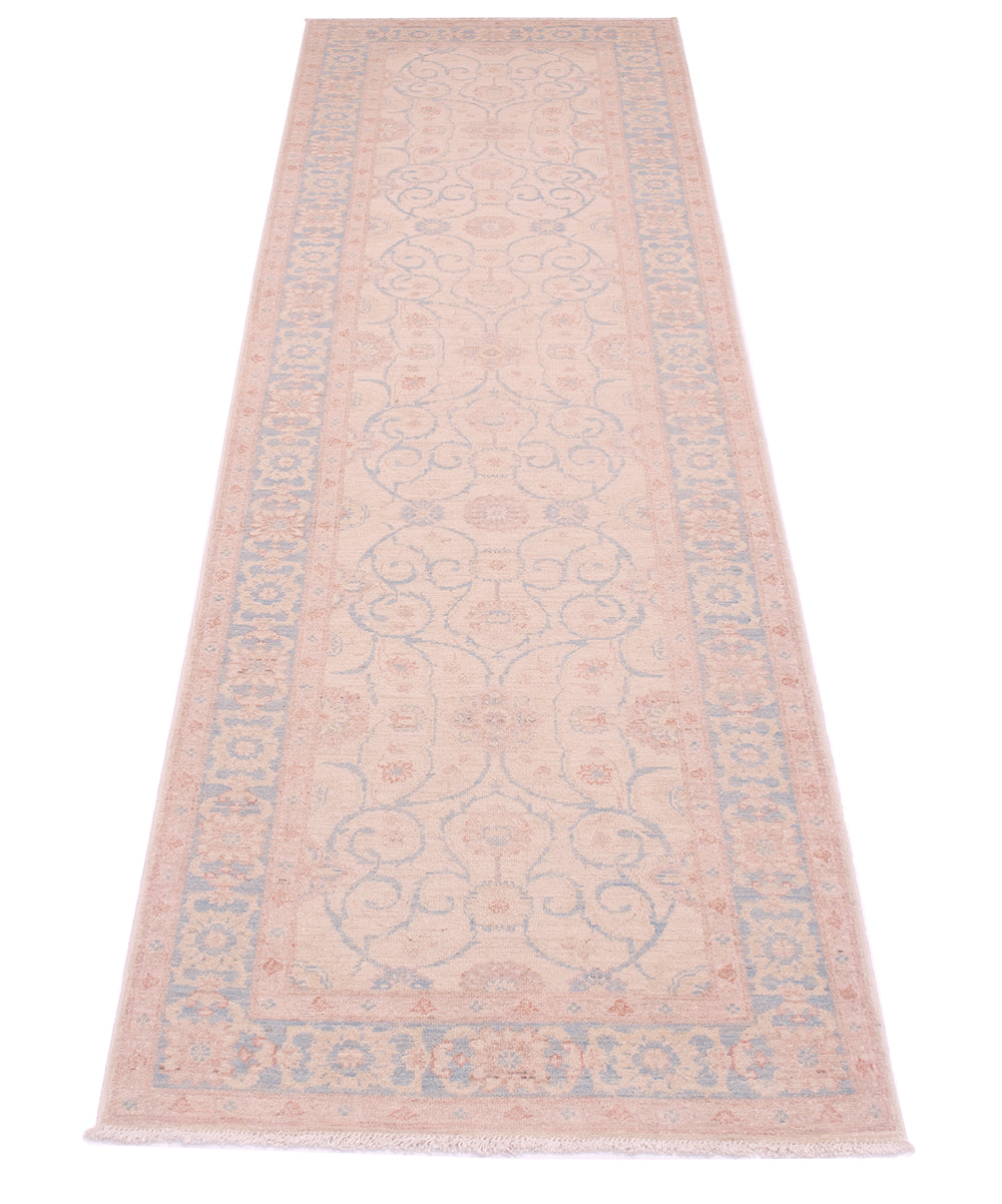 Overall view of Handknotted Feraghan Runner with Persian Floral design and beige cream ground colour with blue and pink accents