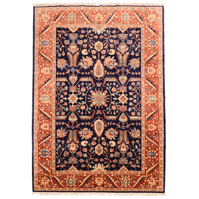 Dark midnight  blue ground fine Ferahan carpet with all over floral design and rust amber border with rich ivory cream detailing. Floral network of flowerheads, blossoms and flowering plants.
