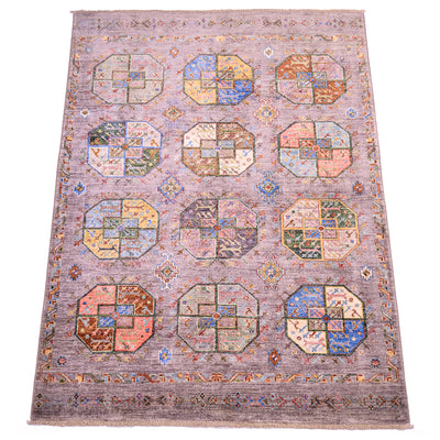 A rectangular Afghan modern Fil Pai area rug with a faded grey base and a detailed geometric pattern featuring twelve central medallions in muted shades of blue, orange, beige, and green.