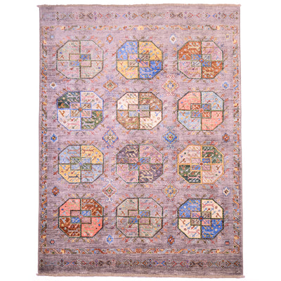 Handmade Modern Fil Pai rug, grey with 12 multicolour guls.