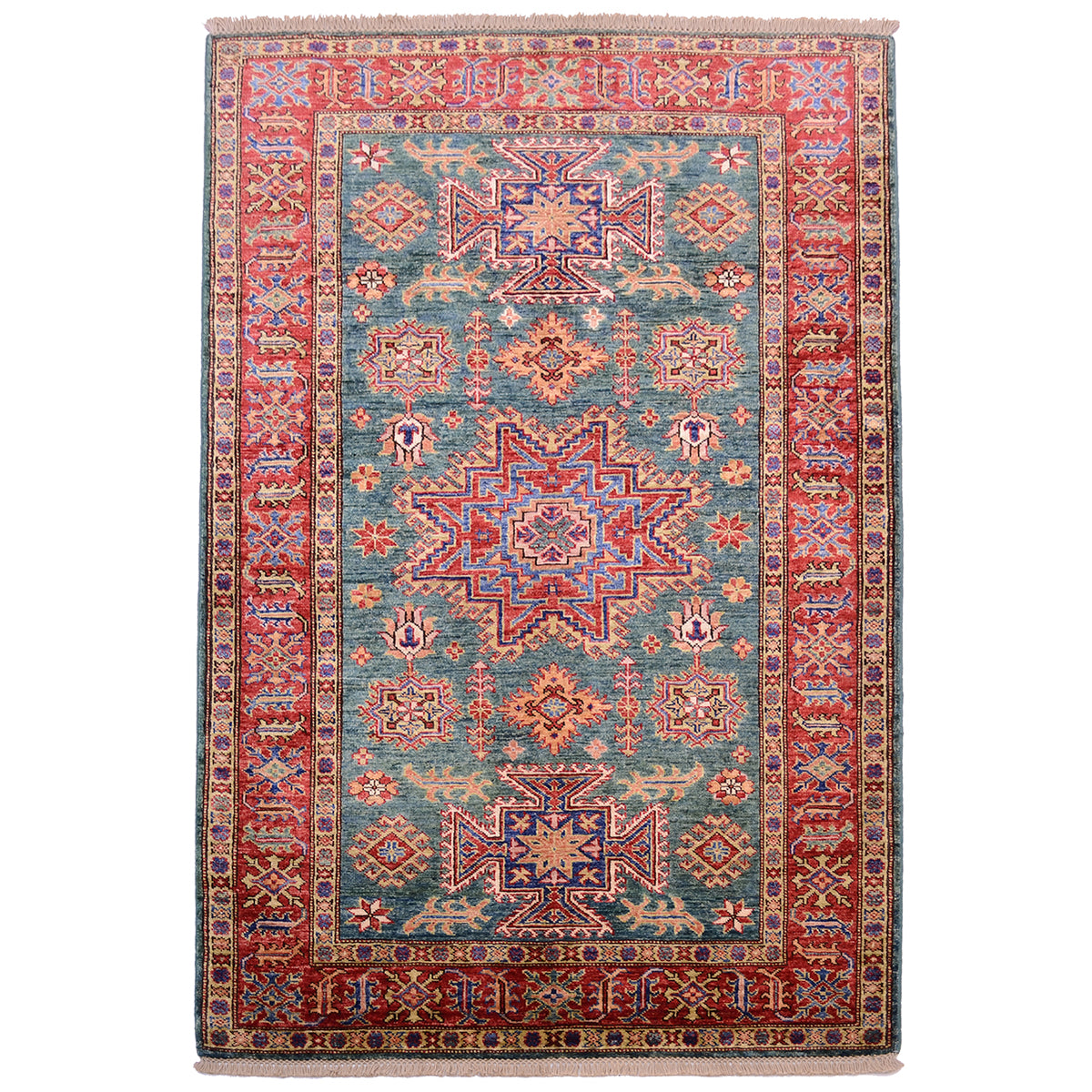 Green handmade fine Kazak Rug with green ground and red border and Lesghi star medallion.