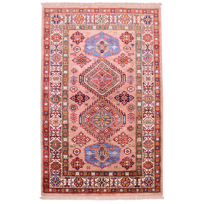 Fine handmade pink Kazak Rug with geometric design and champagne pink main colour.