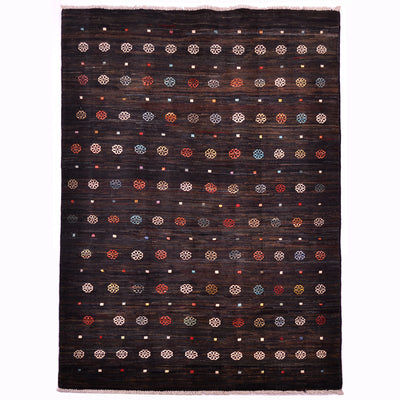 Handmade Afghan Gabbeh Rug: black with plenty of variations of shade; it has a simple design of rows of small rosettes and square motifs.