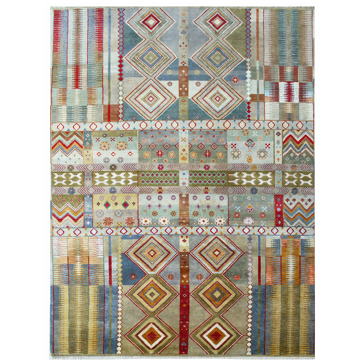 Hand-knotted wool and silk pile Large handmade luxury Gabbeh carpet from India with geometric multi-colour design.