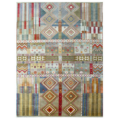 Hand-knotted wool and silk pile Large handmade luxury Gabbeh carpet from India with geometric multi-colour design.